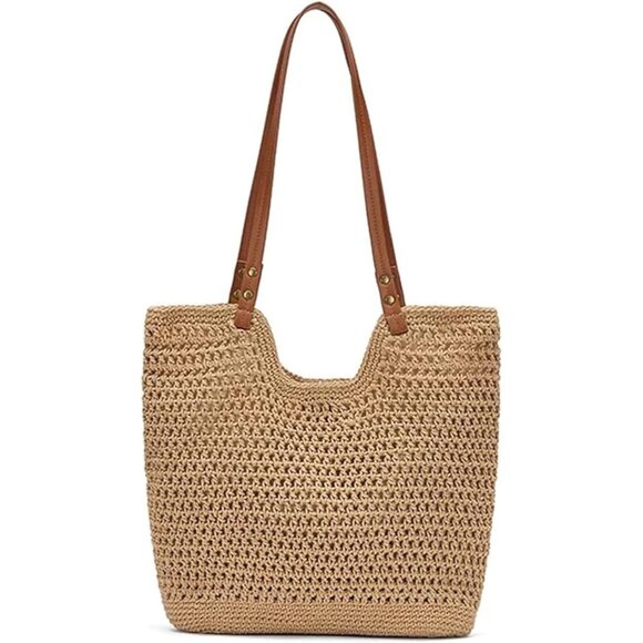 Women's Khaki - Boho Woven Tote Purse For Vacation Crochet Beach Shoulder Bag - Picture 1 of 8